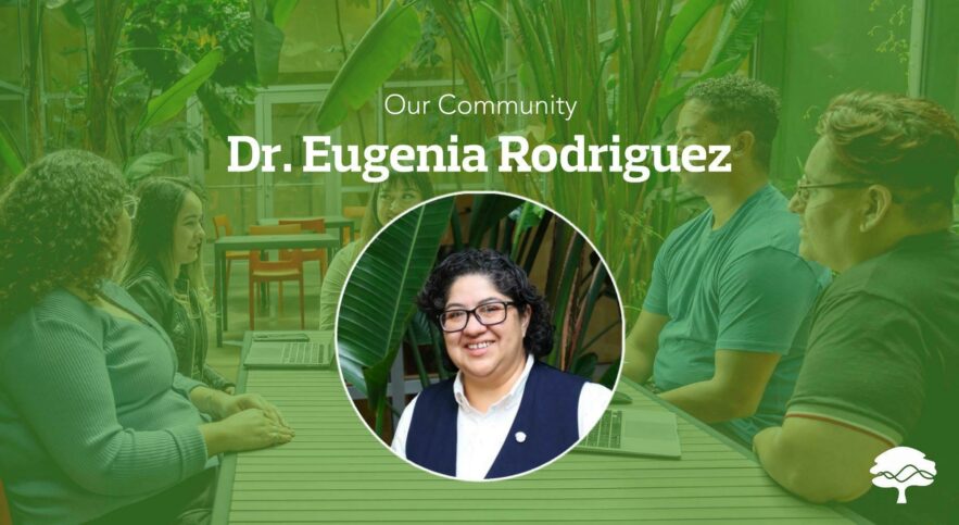 Dr. Eugenia Rodriguez smiles in a portrait photo inset on a green banner image under text displaying her name.