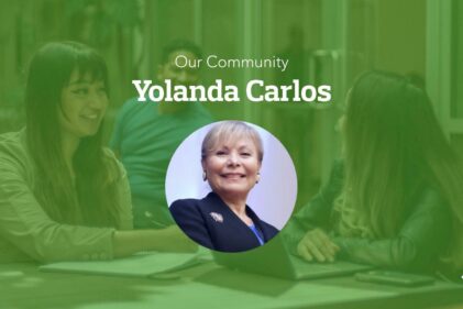 Professor Yolanda Carlos smiles in a portrait photo inset on a green banner image under text displaying her name.