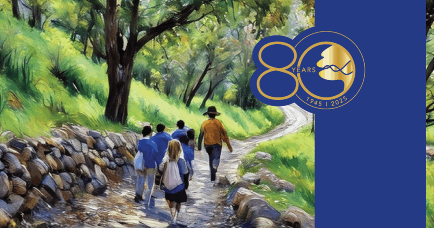 Colorful oil painting of person in hat leading children along a path in a tree-lined meadow.