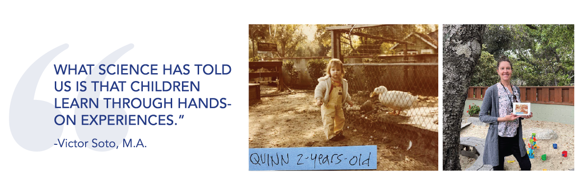 side by side photo of a toddler next to a duck and a woman in the same spot holding that picture.